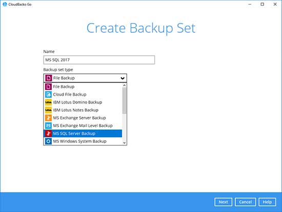 3. Select the Backup Set Type “MS SQL Server Backup”.