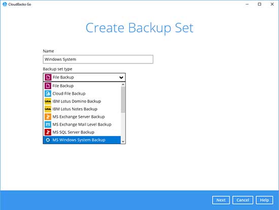 3. Select the Backup Set Type “MS SQL Server Backup”.