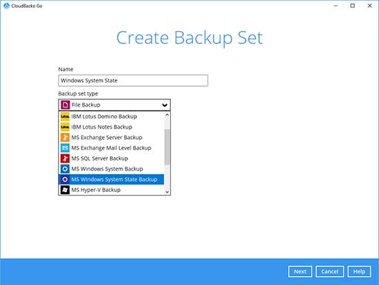 3. Select the Backup Set Type “MS SQL Server Backup”.