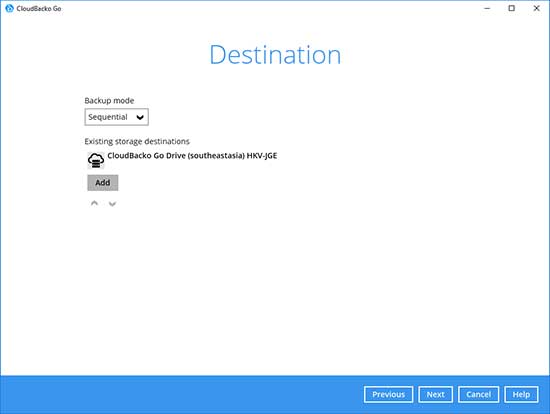 6. Select a storage destination, i.e. CloudBacko Drive. Click “OK” to continue.